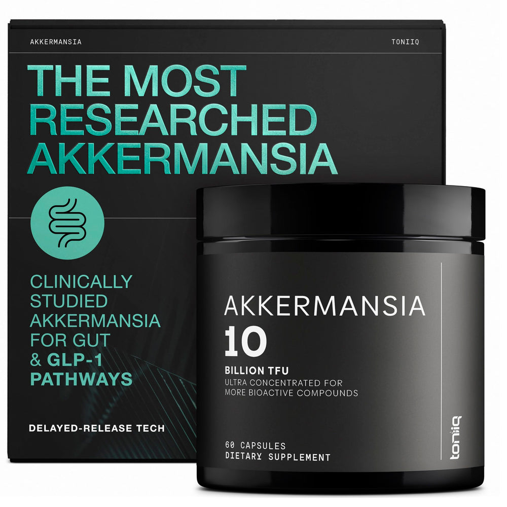 Toniiq Akkermansia probiotic bottle front for daily gut support potential