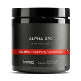 Toniiq Alpha GPC capsules bottle showing 600mg per serving for focus support