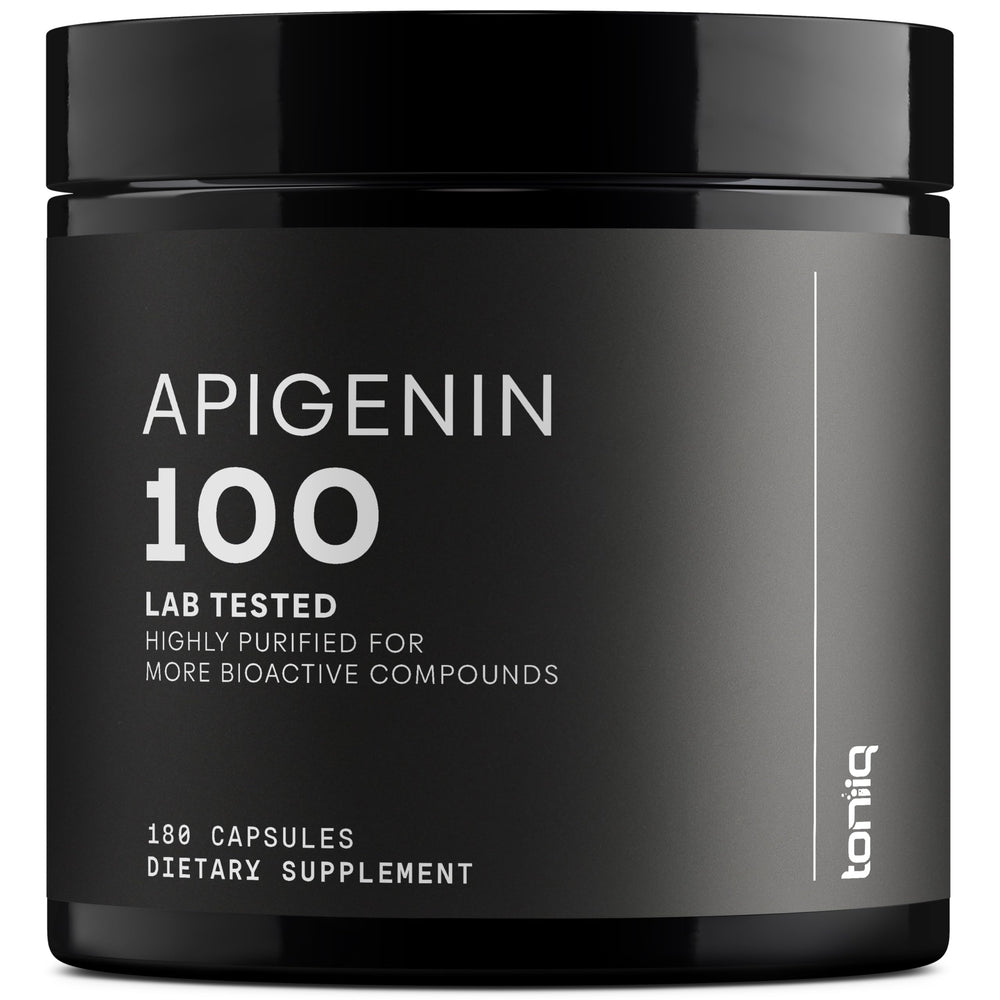 Toniiq Apigenin bottle close-up highlights 98%+ purity for premium daily use.