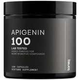 Toniiq Apigenin bottle close-up highlights 98%+ purity for premium daily use.