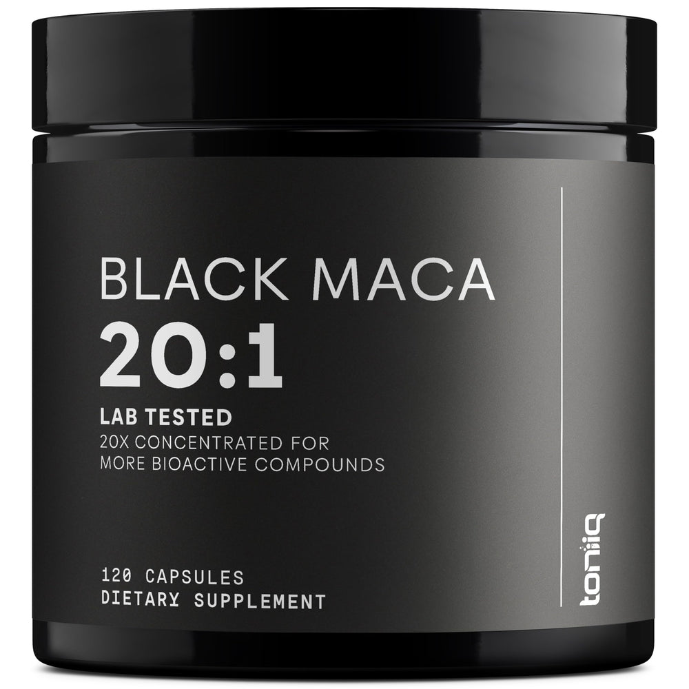 Toniiq Black Maca Root Capsule close-up showing high-potency daily supplement.