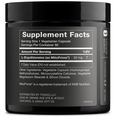 Toniiq Ergothioneine capsules close-up showing 30 mg dosage