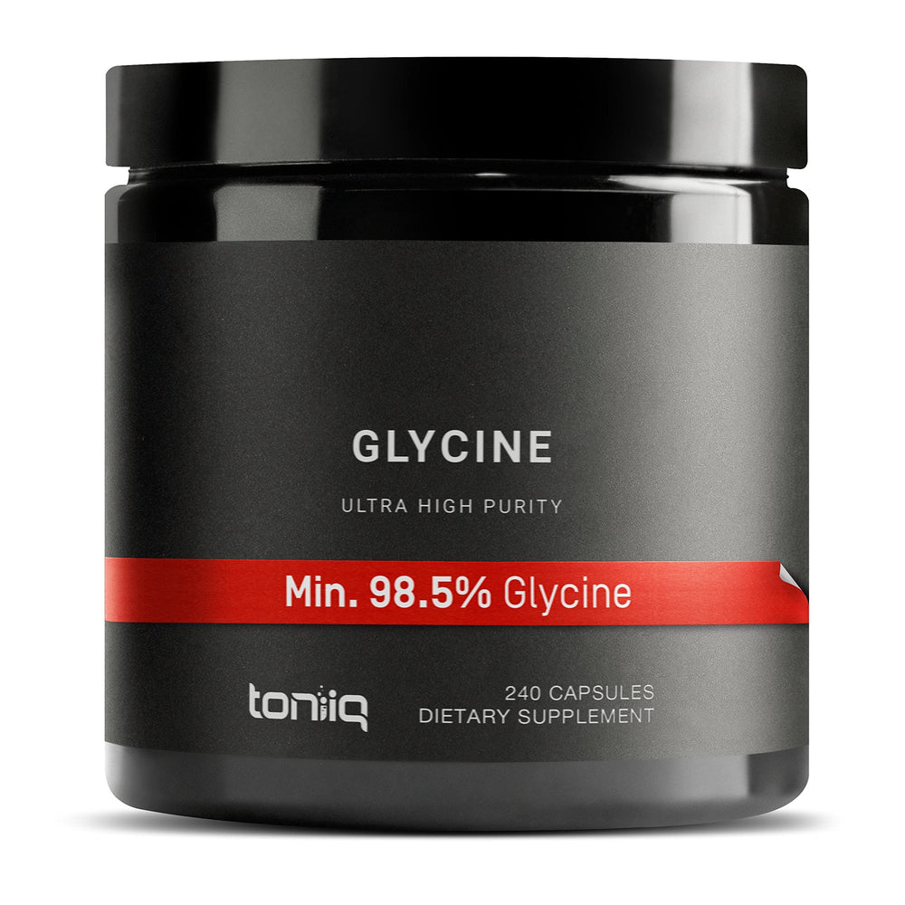 Toniiq Glycine bottle on shelf highlighting high-strength formula for restful support