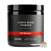 Toniiq Lion’s Mane powder bottle close-up with premium packaging for easy daily dosing.