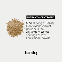 Toniiq Lion’s Mane powder label close-up emphasizes purity and quality standards.
