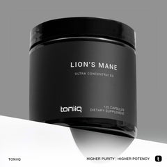 Toniiq Lion's Mane powder being scooped, highlighting potency for daily use