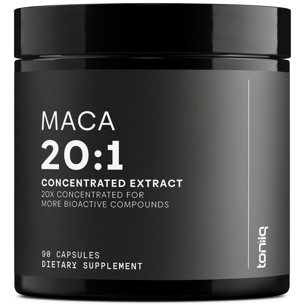 Toniiq Maca 20:1 extract capsules in bottle front for daily vitality