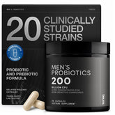 Toniiq Mens Probiotic twenty strains visual emphasizes gut health support and metabolism.
