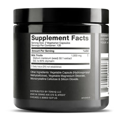 Toniiq Milk Thistle capsules close up showing high potency