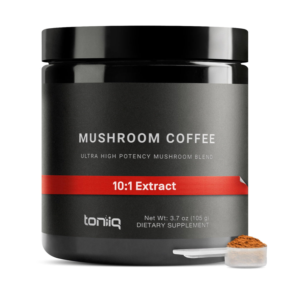 Toniiq Mushroom Coffee bottle showing the 10-mushroom blend for potent daily focus.