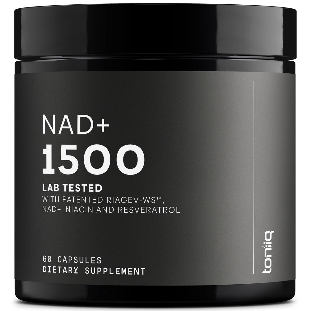 Toniiq NAD+ 1500mg bottle close-up highlighting potency and ingredients