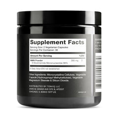 Toniiq NMN capsules close-up shows smooth capsules and a clear purity emphasis.