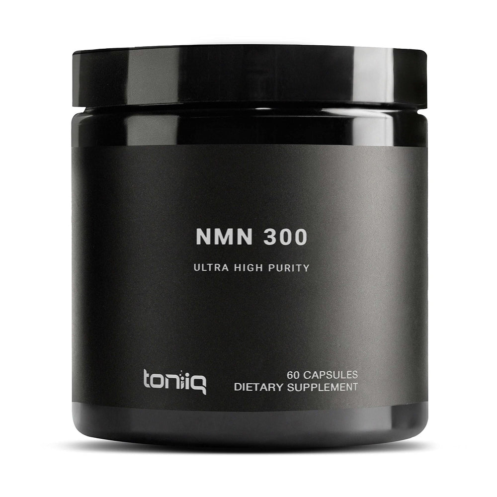 Toniiq NMN capsules bottle with label, showcasing 300mg dosage for NAD+ support.