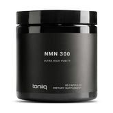 Toniiq NMN capsules bottle with label, showcasing 300mg dosage for NAD+ support.