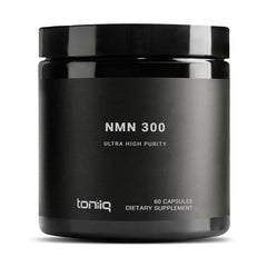 Toniiq NMN capsules bottle with label, showcasing 300mg dosage for NAD+ support.