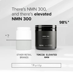 Toniiq NMN packaging box displays label with 98% purity and non-refrigerated stability.