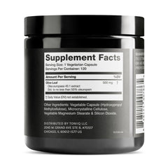 Toniiq Olive Leaf Extract oleuropein-50-percent pill closeup shows concentrated formulation.