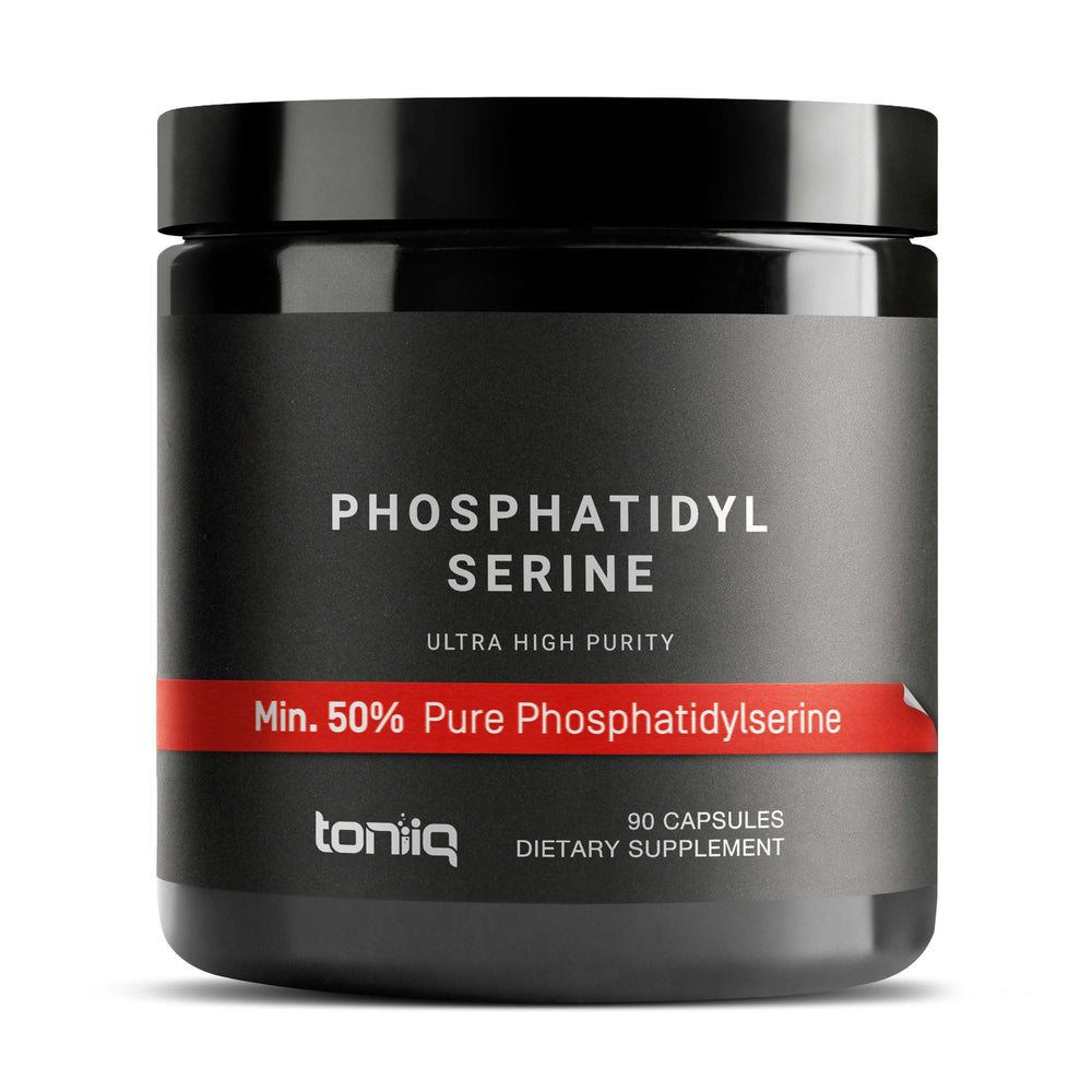 Toniiq Phosphatidylserine 50% purity bottle highlighting premium formula for clarity and focus potential.