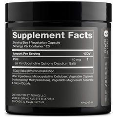 Toniiq PQQ 40mg bottle back label showing dosage and quality info