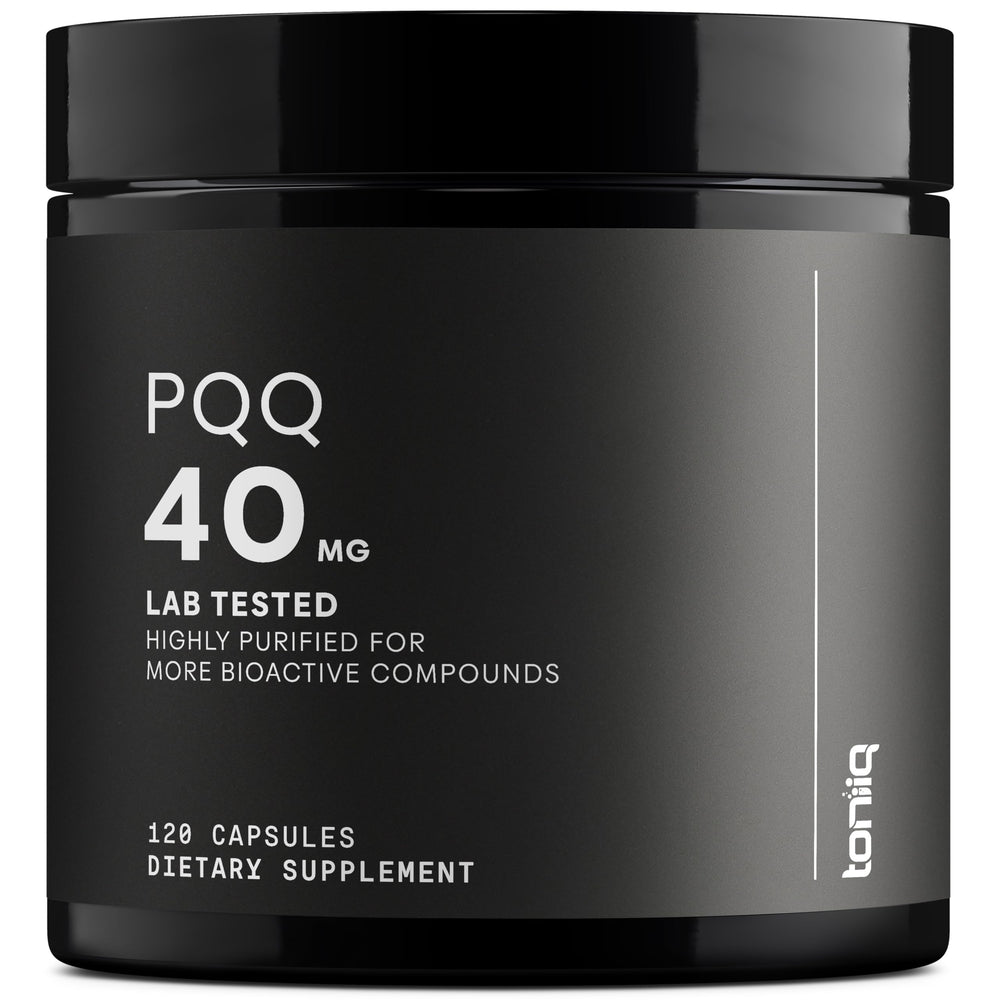 Toniiq PQQ 40mg capsules bottle front view highlighting purity and potency