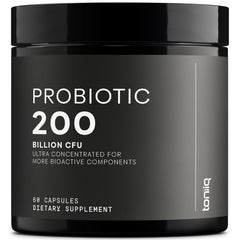 Toniiq probiotic 200Billion bottle demonstrates daily gut-support capsule routine.