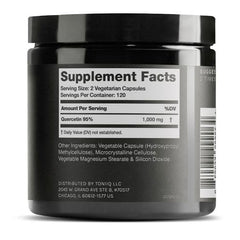Toniiq Quercetin capsules label close up highlighting purity and potency