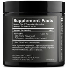 Toniiq Resveratrol capsules close-up emphasizing 98% purity