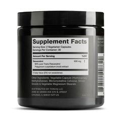 Toniiq Resveratrol capsules closeup highlights 98% trans-resveratrol purity.
