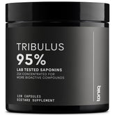 Toniiq Tribulus Terrestris 25:1 extract bottle; high potency supplement for men's wellness.