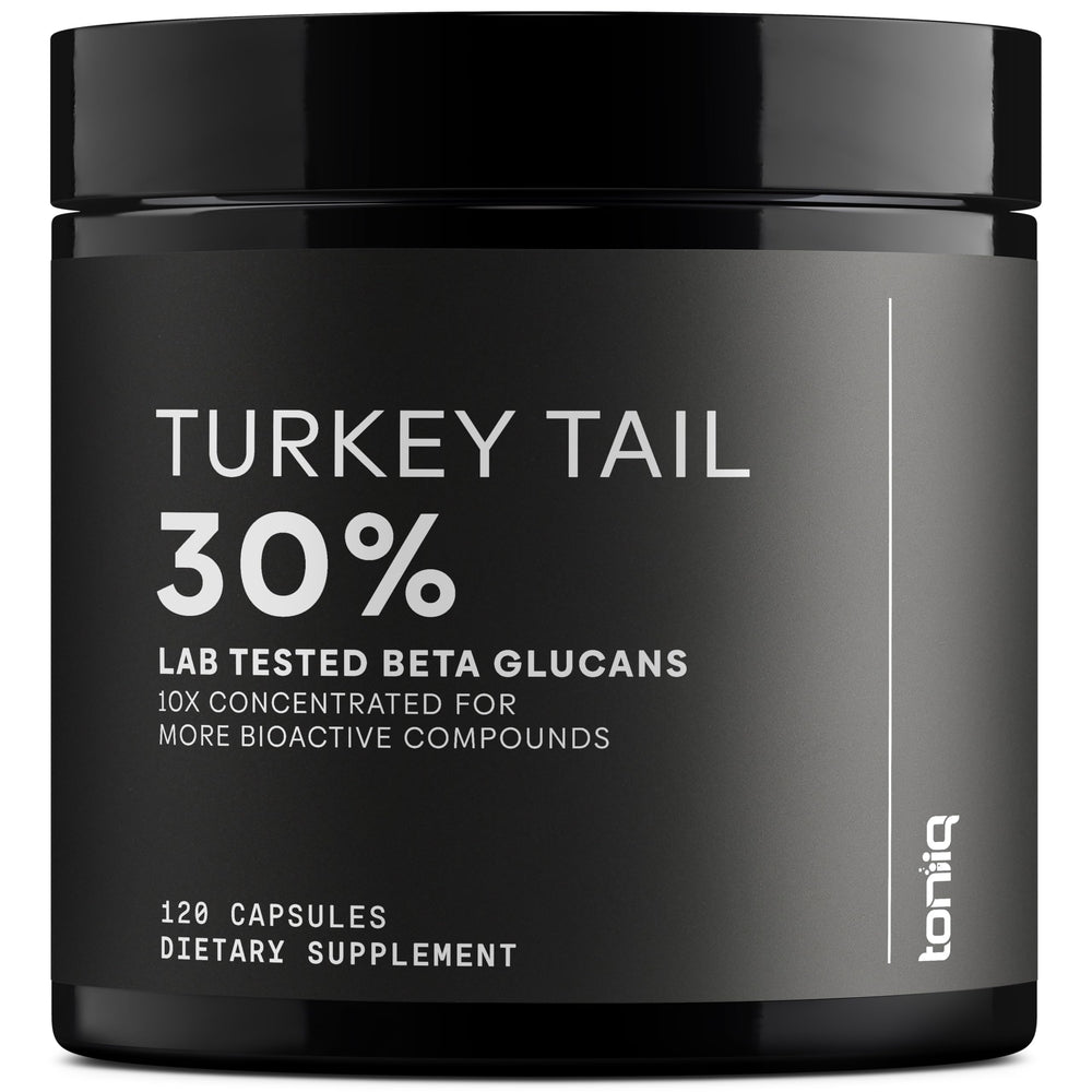 Toniiq Turkey Tail capsules bottle label shows 360 mg beta glucans per serving