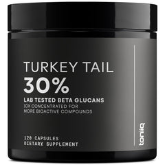 Toniiq Turkey Tail capsules bottle label shows 360 mg beta glucans per serving
