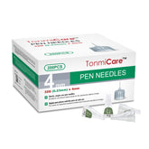 TonmiCare pen needles 32g 4mm packaging close-up showing individual sterile packs.
