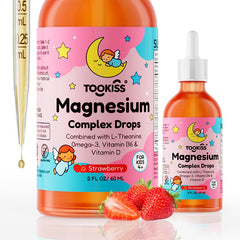 Tookiss magnesium drops for kids bottle shown, promotes gentle daily calm and focus.