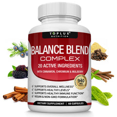 Toplux Balance bottle front for daily wellness with vegan capsules.