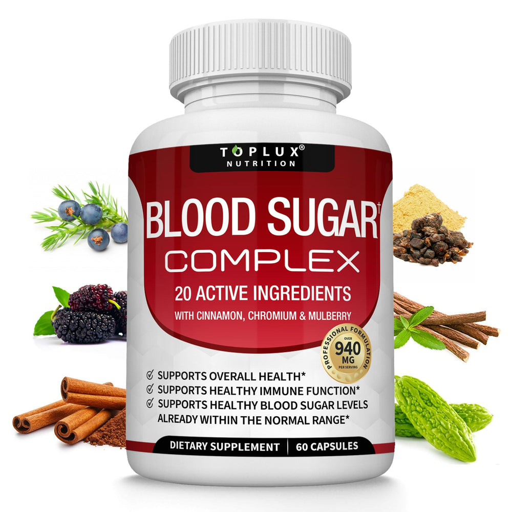 Toplux Blood Sugar Complex bottle front, daily supplement for balanced energy.