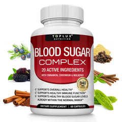Toplux Blood Sugar Complex bottle front, daily supplement for balanced energy.