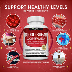 Toplux Blood Sugar Complex label closeup highlighting ingredients and dosage.