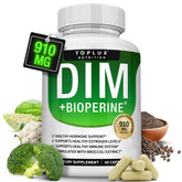 Toplux DIM supplement bottle shows natural ingredients for hormone balance support.
