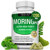 Toplux Moringa Capsules bottle shows 1200mg daily serving for energy support