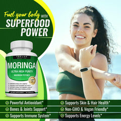 Toplux Moringa Capsules inside view highlights easy-to-swallow capsules