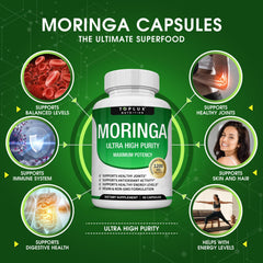 Toplux Moringa Capsules pure leaf oleifera close-up emphasizes single-ingredient vegan nutrition