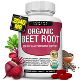 Toplux Organic Beet Root Tablets bottle, high-potency daily energy support
