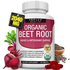 Toplux Organic Beet Root Tablets bottle, high-potency daily energy support