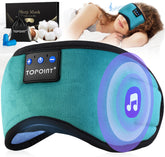 TOPOINT sleep mask with headphones worn on head for comfortable travel rest.