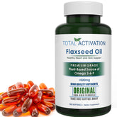 Total Activation flaxseed oil softgels bottle showing 1000mg capsules for daily plant-based omega intake
