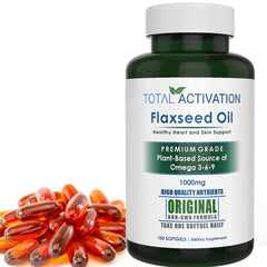 Total Activation flaxseed oil softgels bottle showing 1000mg capsules for daily plant-based omega intake