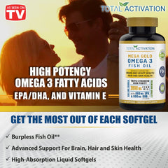 Total Activation Omega-3 label highlights 800mg EPA and 600mg DHA per serving.