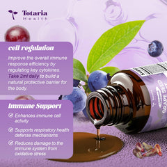Totaria bottle shows elderberry and bilberry blend for immune-support flavor profile.