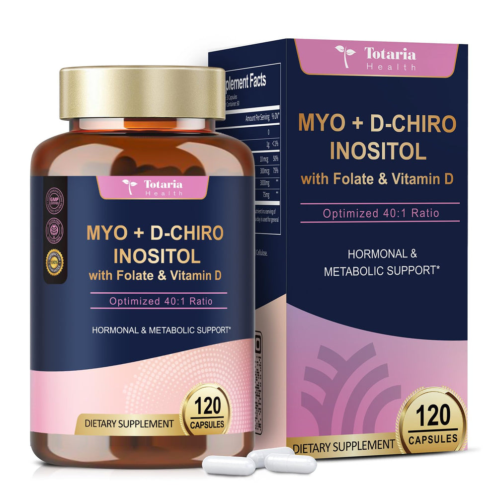 Totaria Myo-Inositol & D-Chiro Inositol bottle displays 40:1 ratio for hormonal balance.