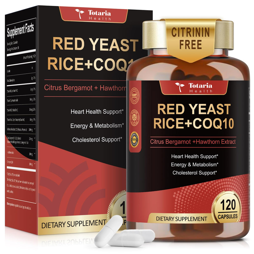 Totaria Red Yeast Rice with CoQ10 bottle, highlighting complete capsule formula.